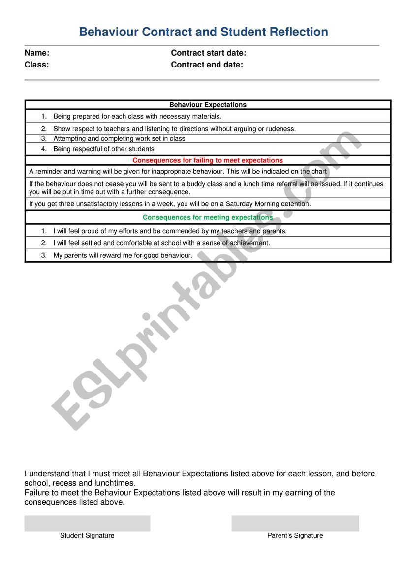 Student behaviour contract worksheet