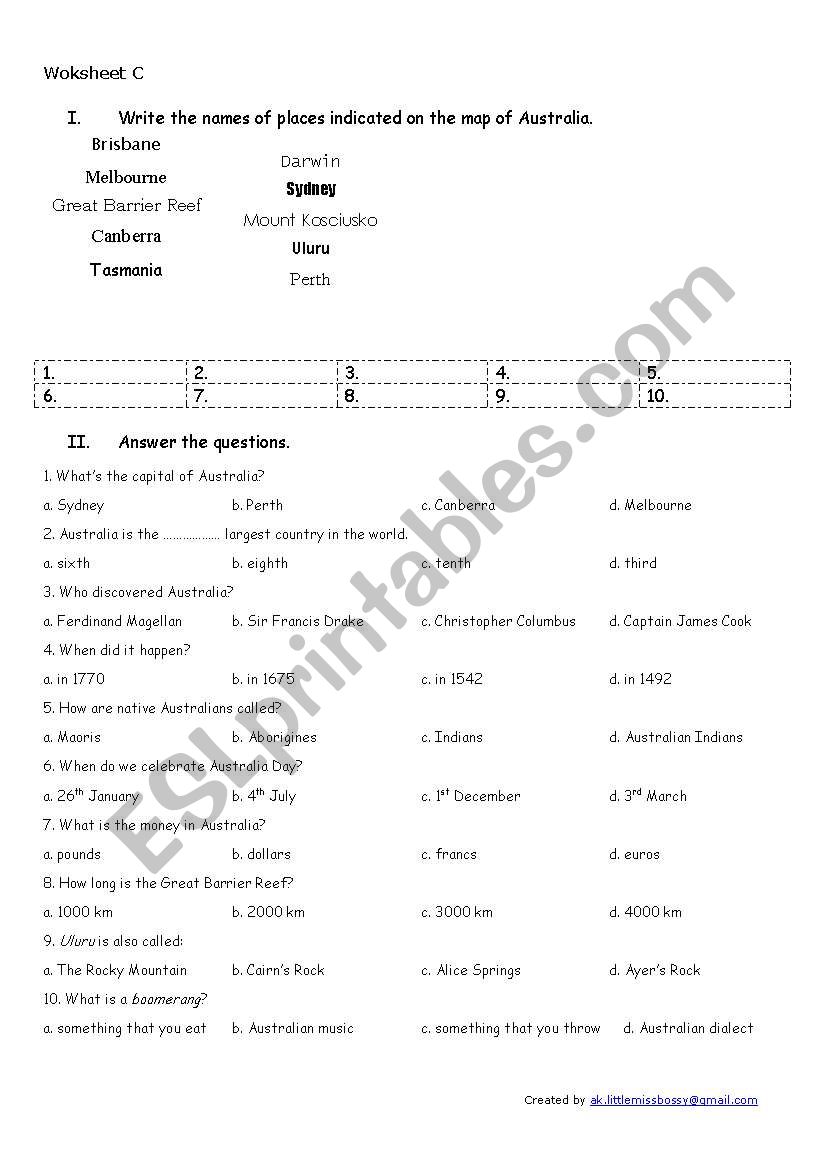 Down Under - Australia Quiz Worksheet C1