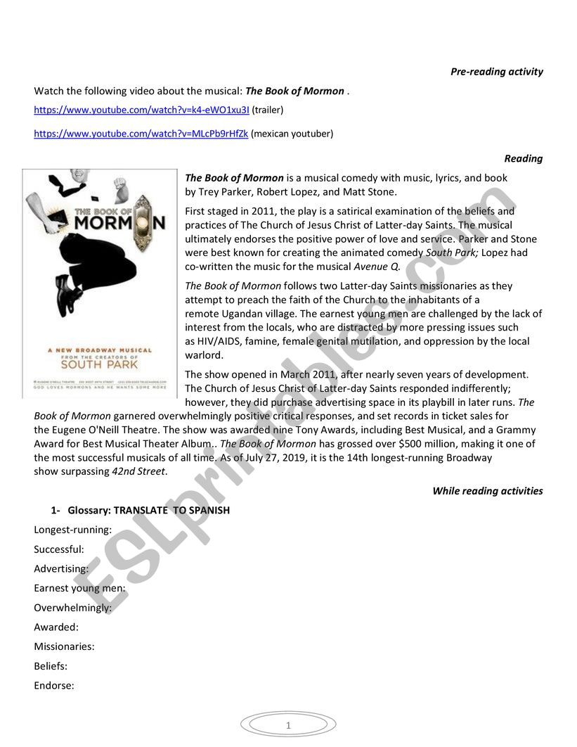 The Book of Mormon-MUSICAL worksheet