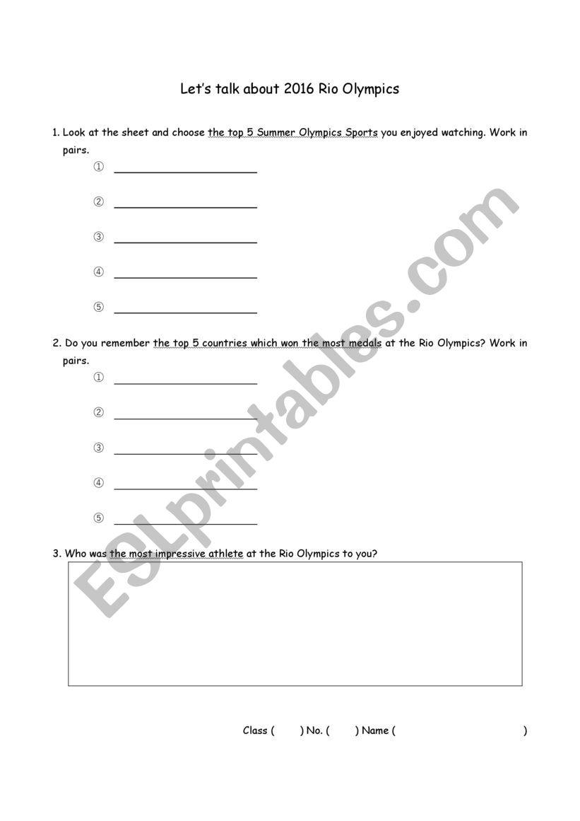 Rio Olympics worksheet