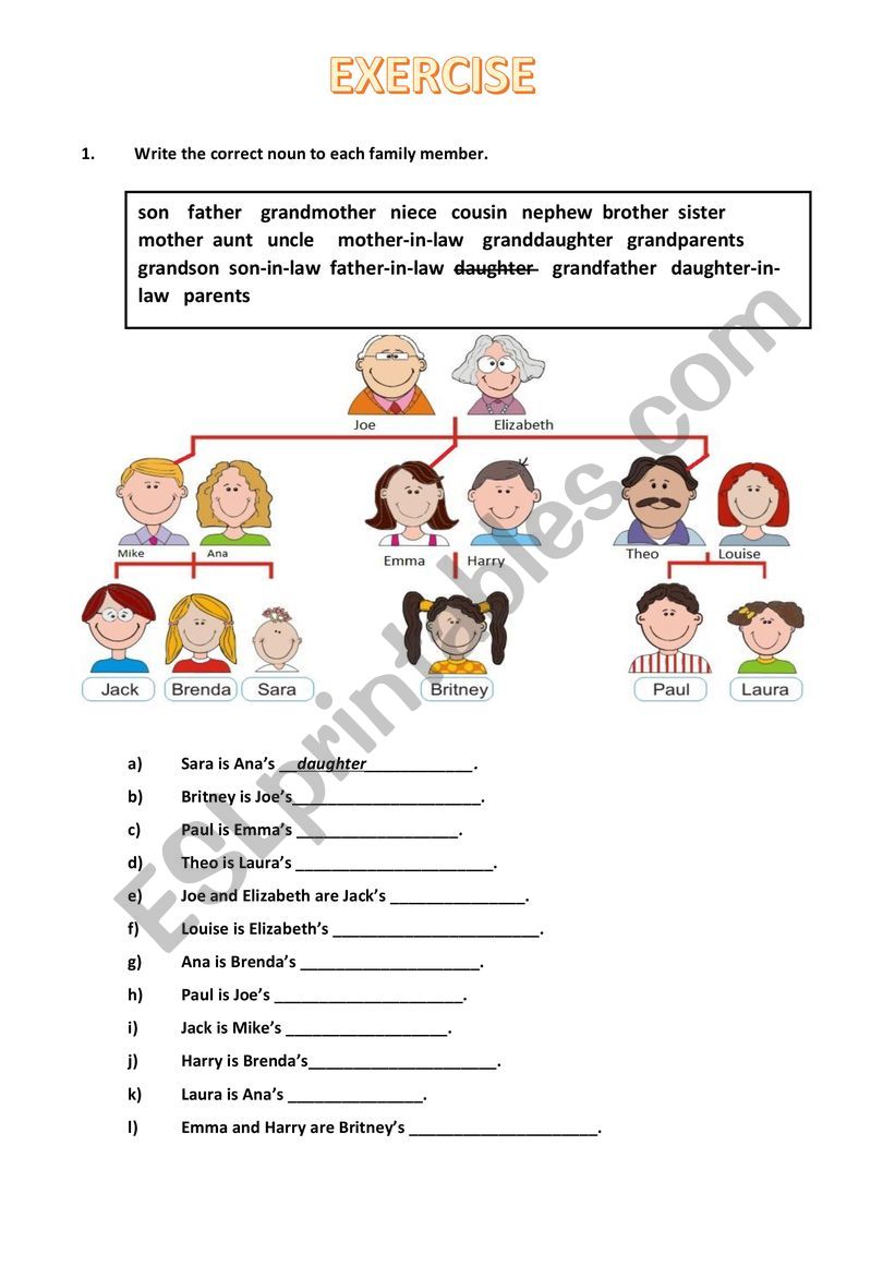 Exercise for family members worksheet