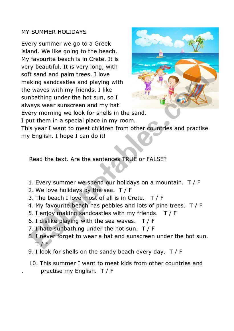 Reading comprehension text with True/False sentences