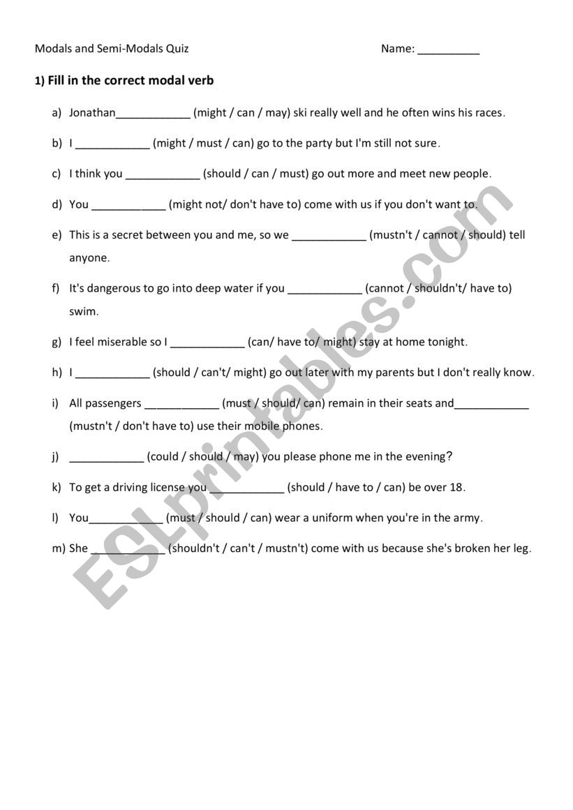 Modals practice worksheet