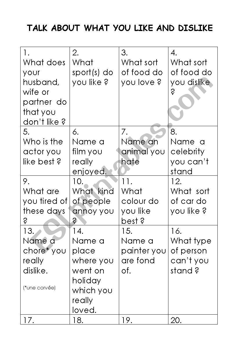 Likes and dislikes boardgame worksheet