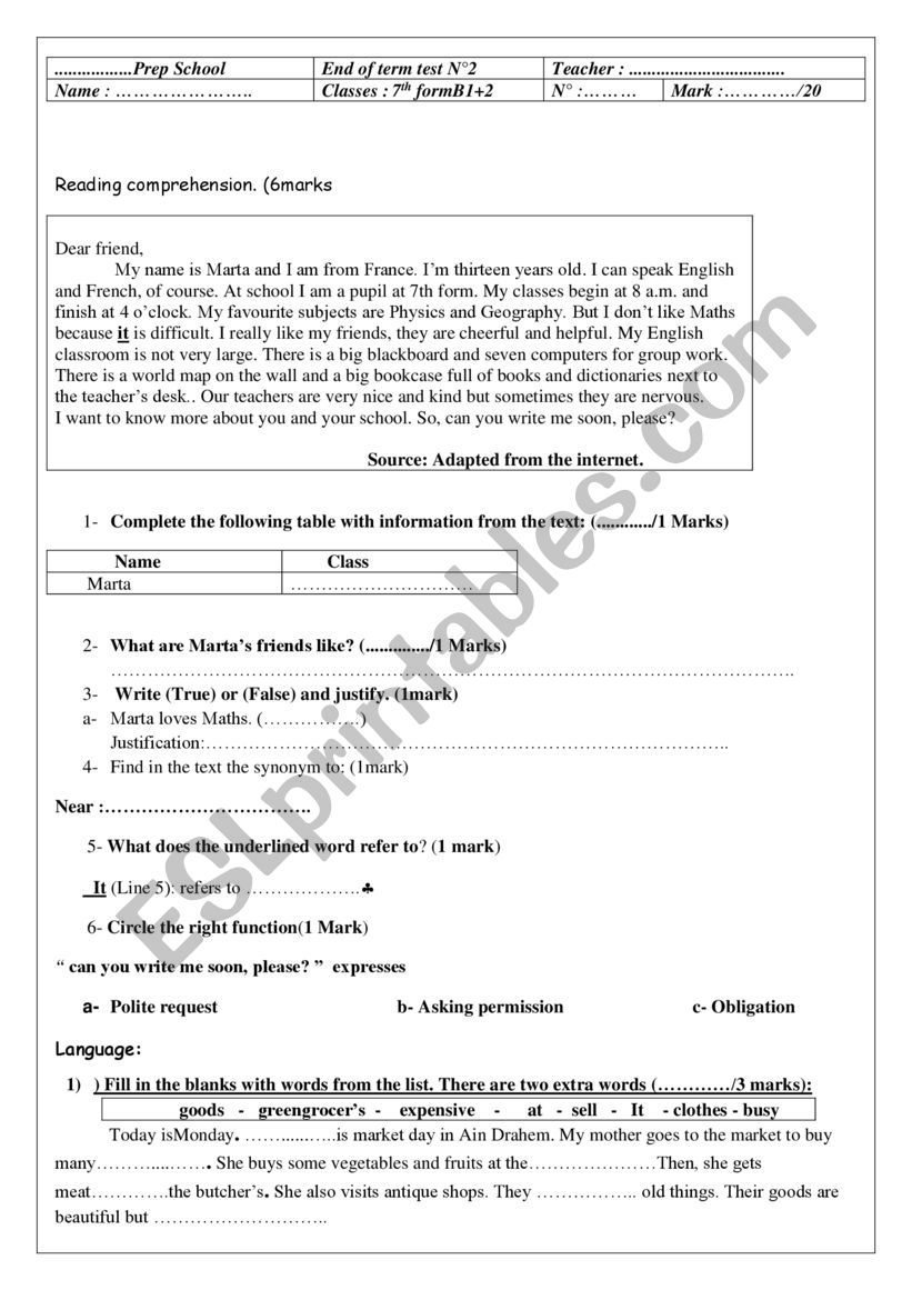 7th form end of semester test worksheet