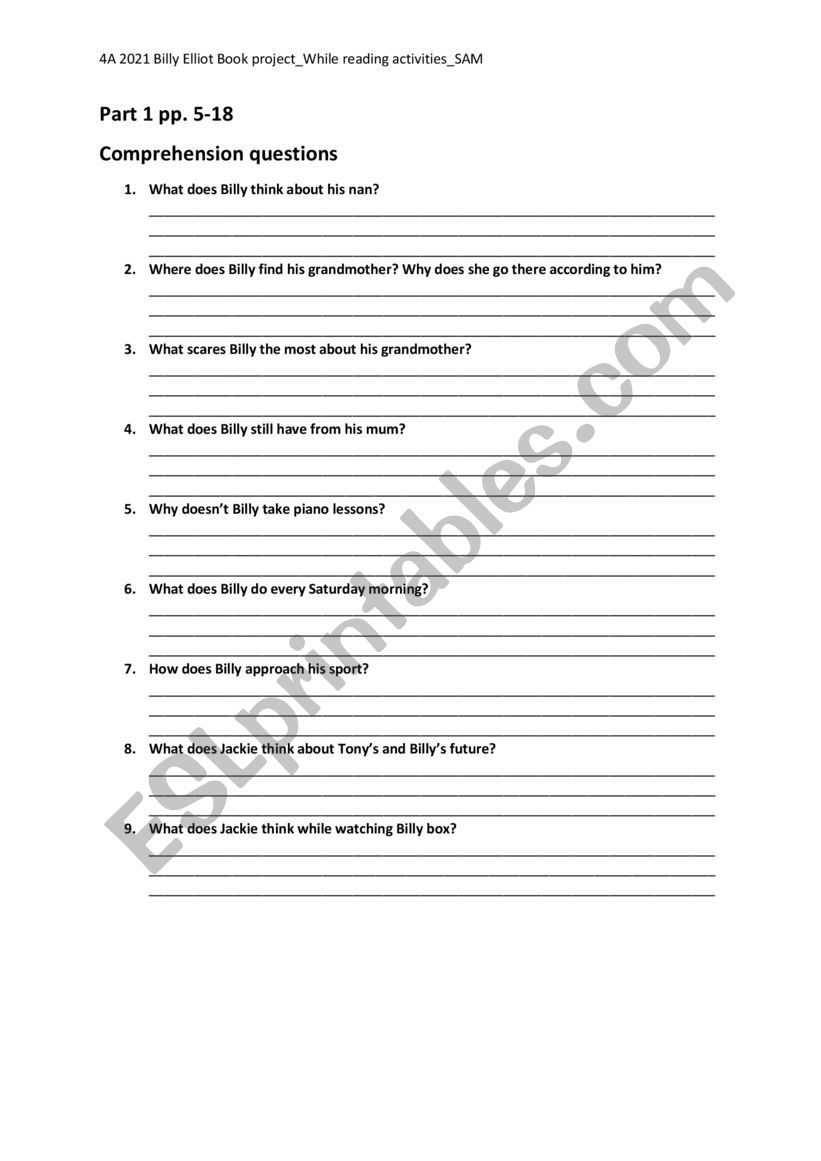 Billy Elliot by Melvin Burgess_While reading activities_comprehension questions_part 1_pp 5-18