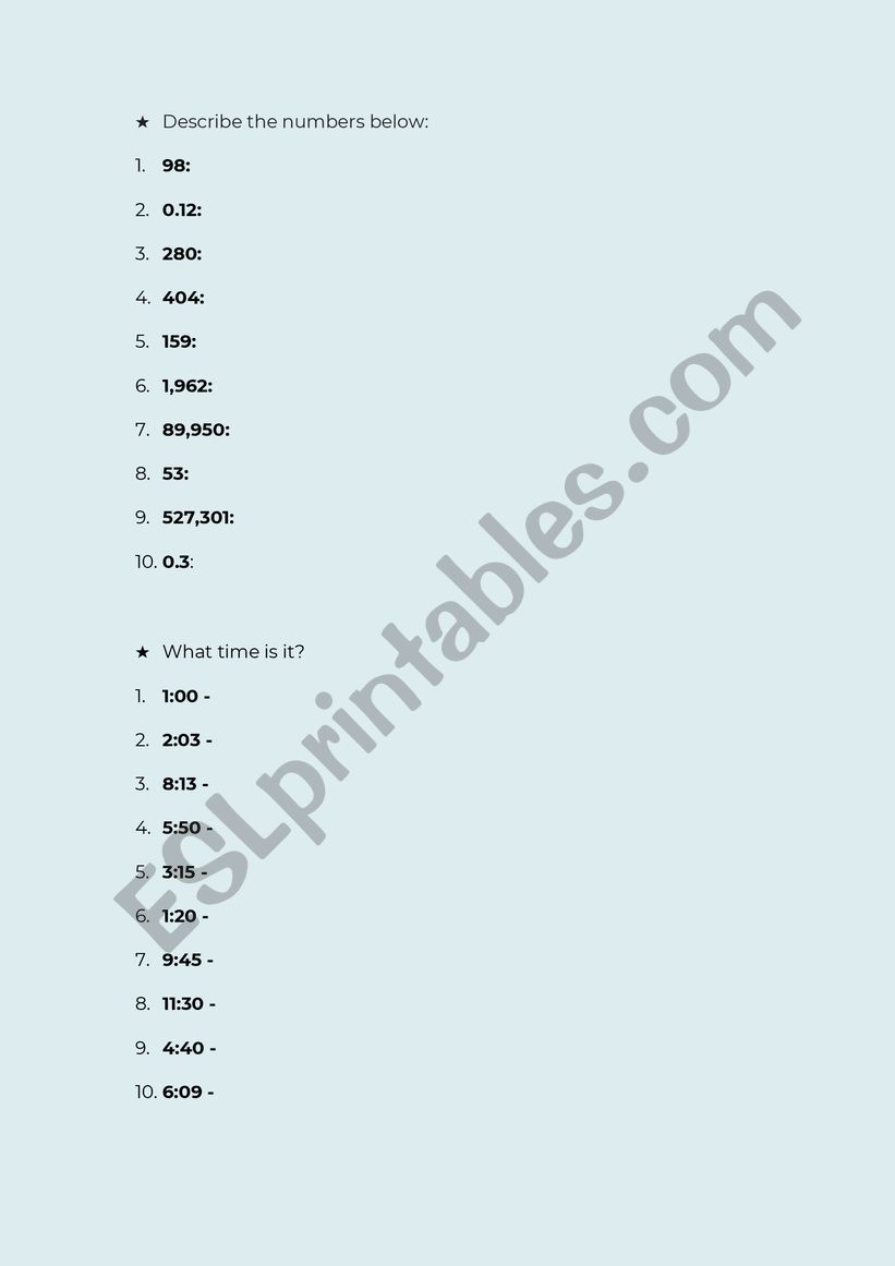 Cardinal numbers and Time worksheet