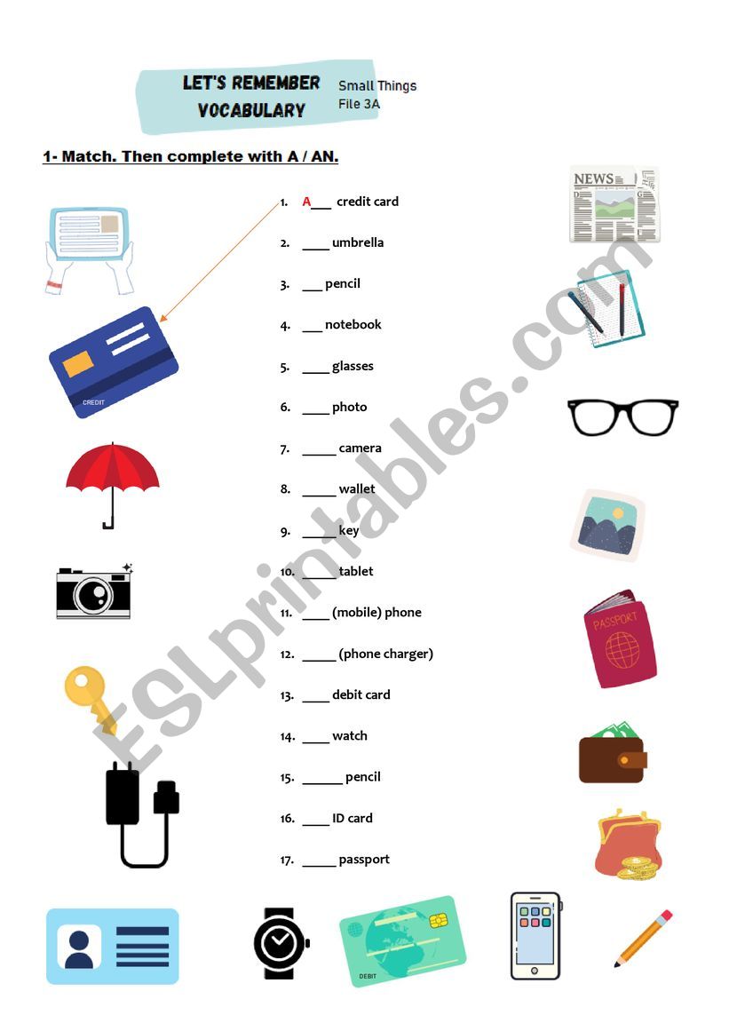 match the small objects and complete with the indefinite article a-an