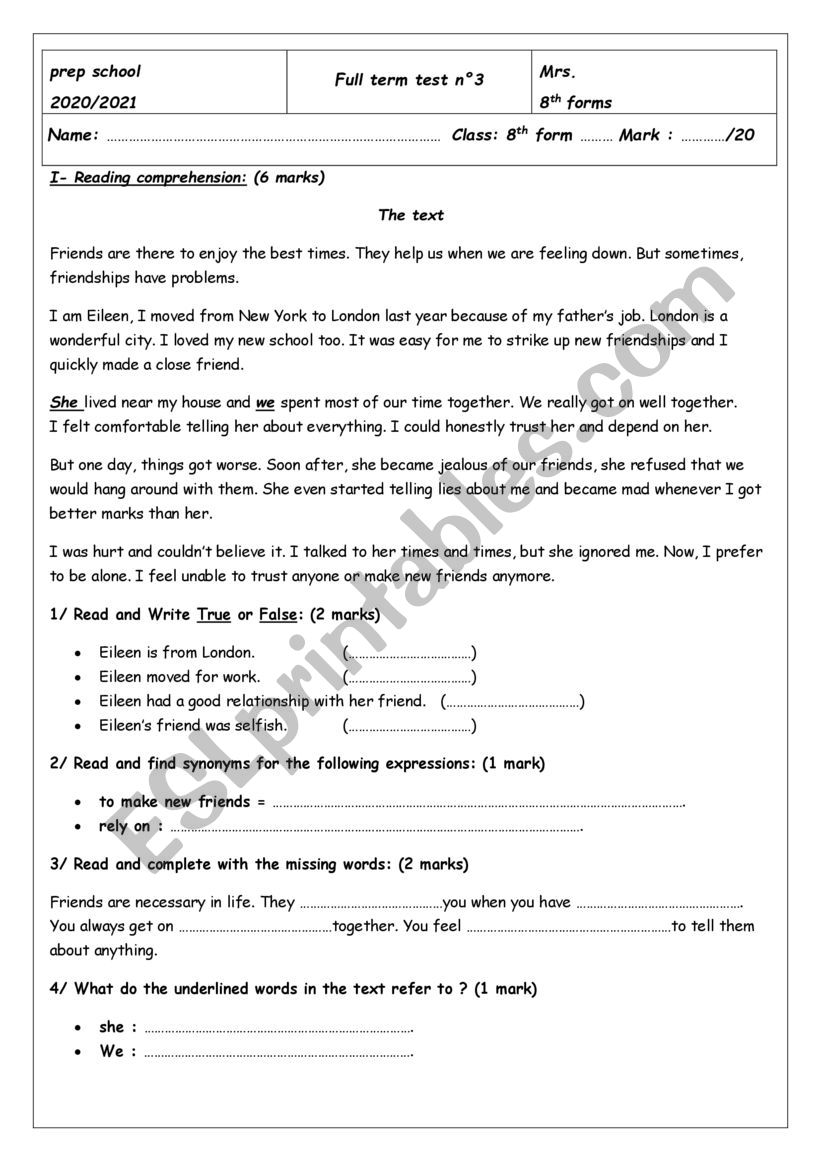 full term test n 3 8th form worksheet