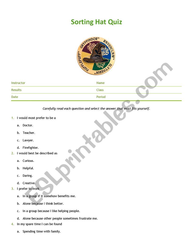 Harry worksheet