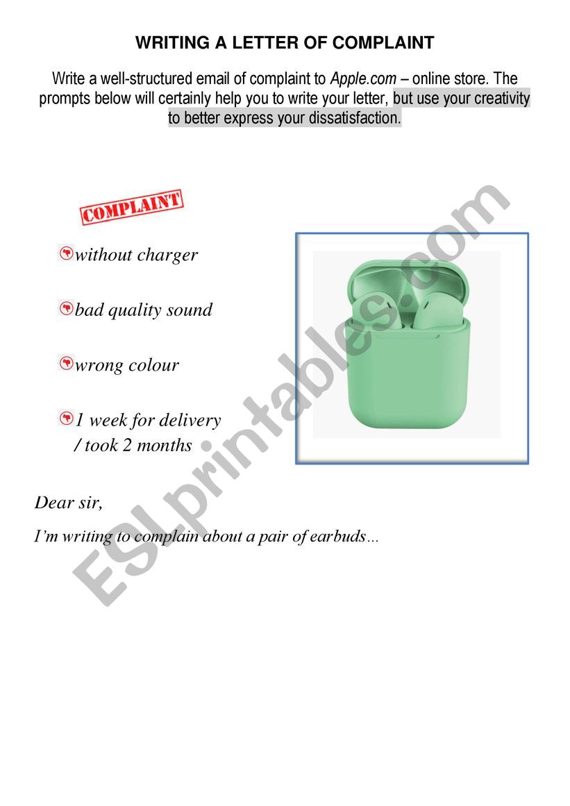 Letter of complaint - Airpods worksheet