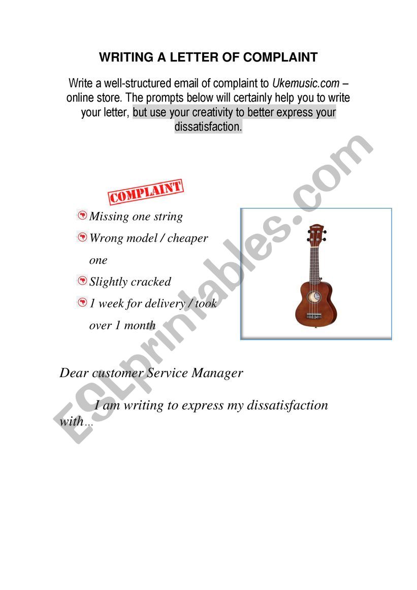 Letter of complaint - Ukulele worksheet