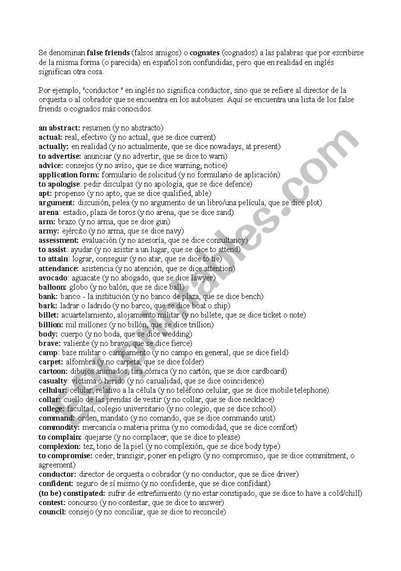 Cognates worksheet