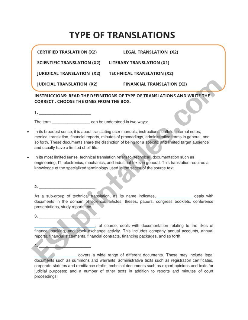 Type of Translating worksheet