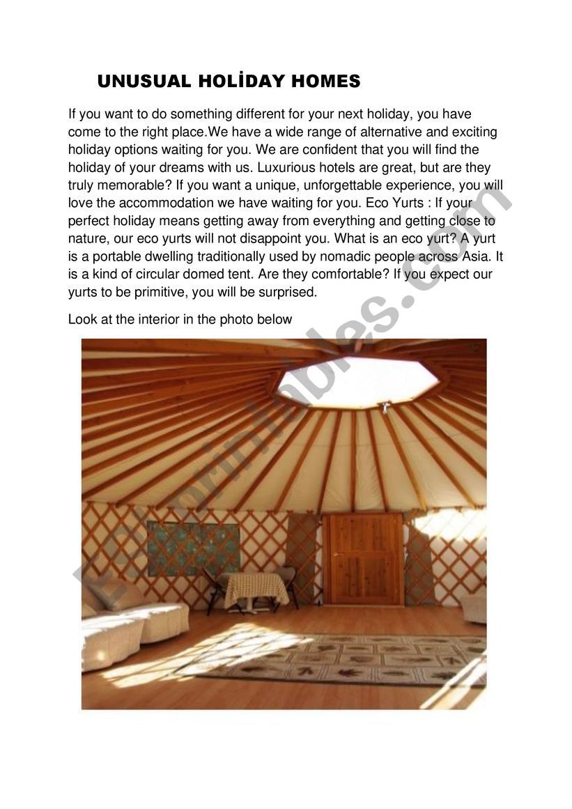 UNUSUAL HOLIDAY HOMES worksheet