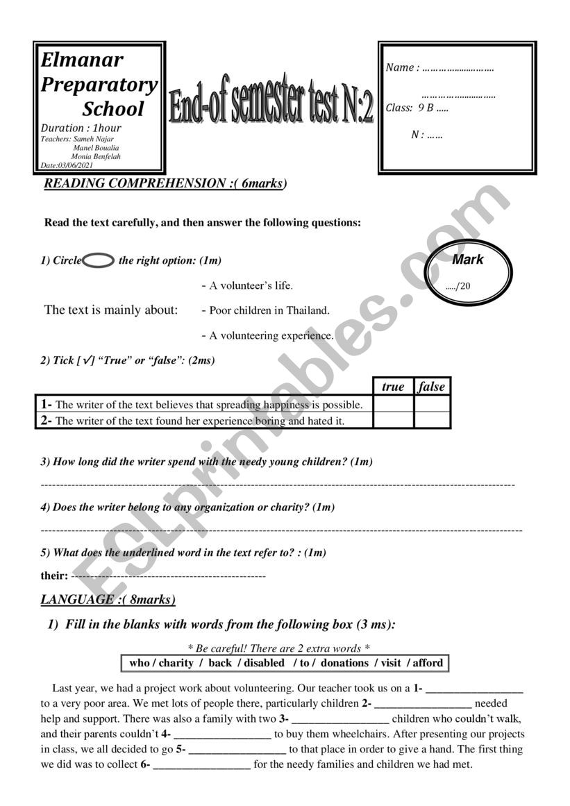 End of semester test 2 9th form