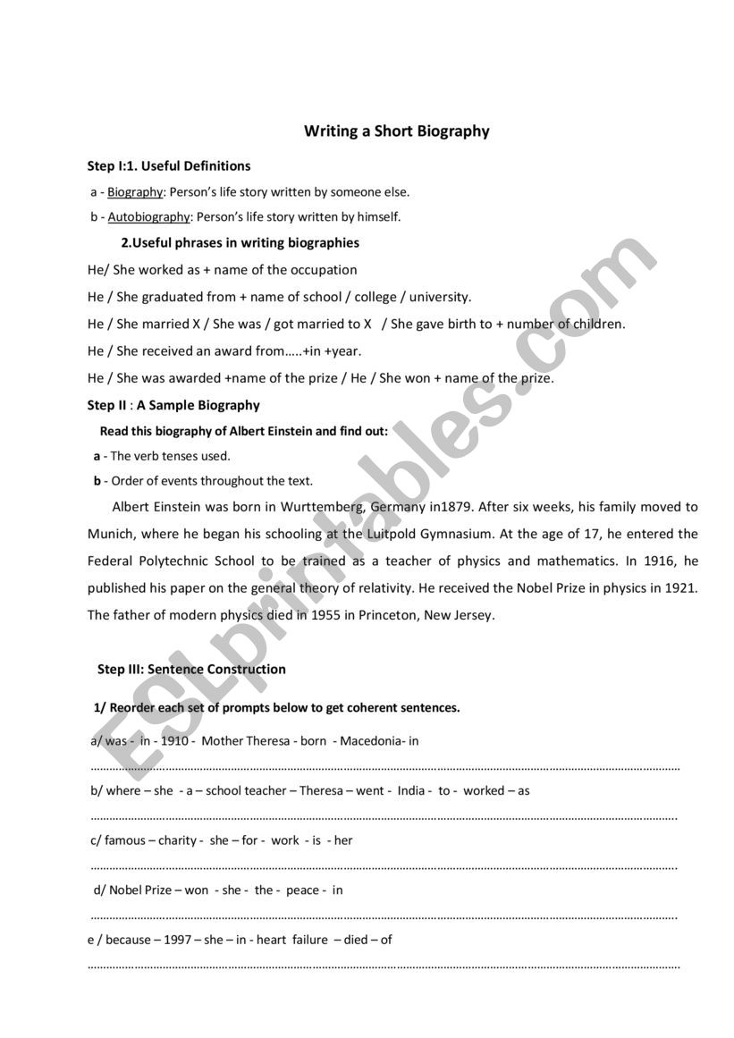 WRITING A SHORT BIOGRAPHY worksheet