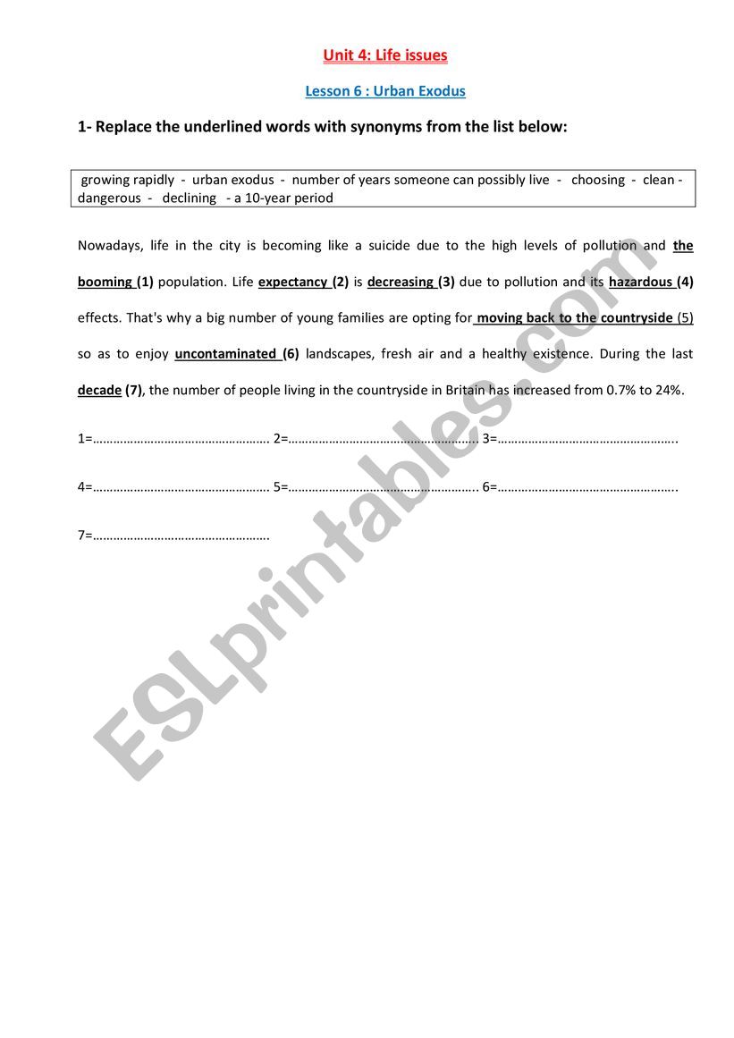 Life issues, Urban Exodus worksheet