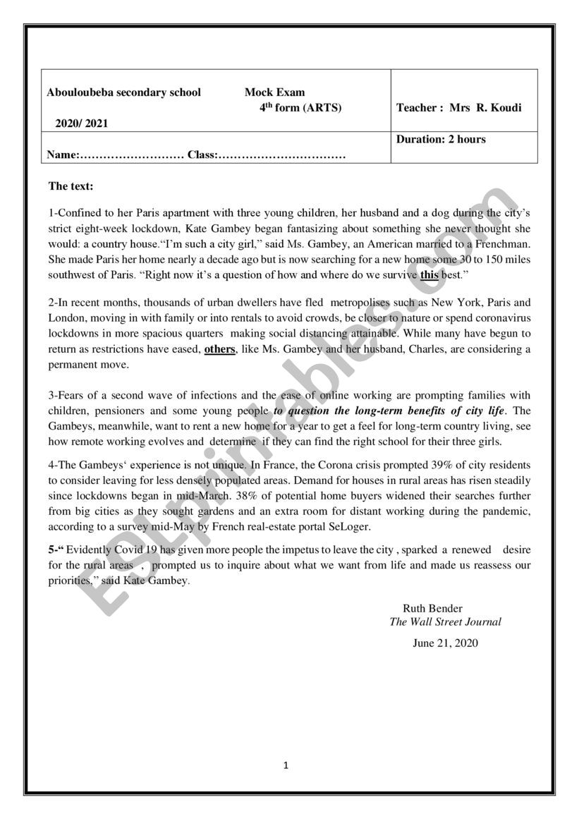 Mock exam 2021 worksheet