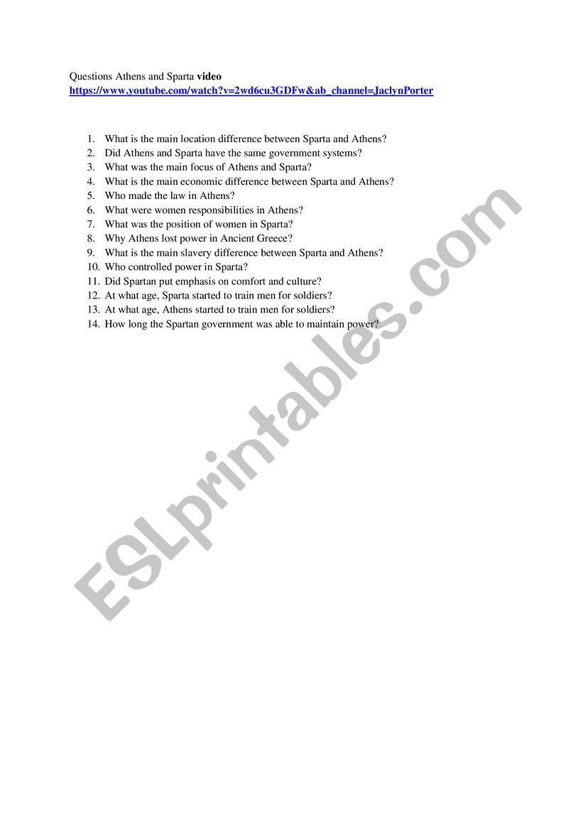 Athens vs Sparta worksheet