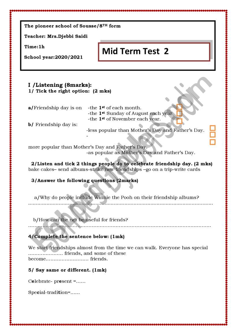 mid erm test 2 8th form pioneer