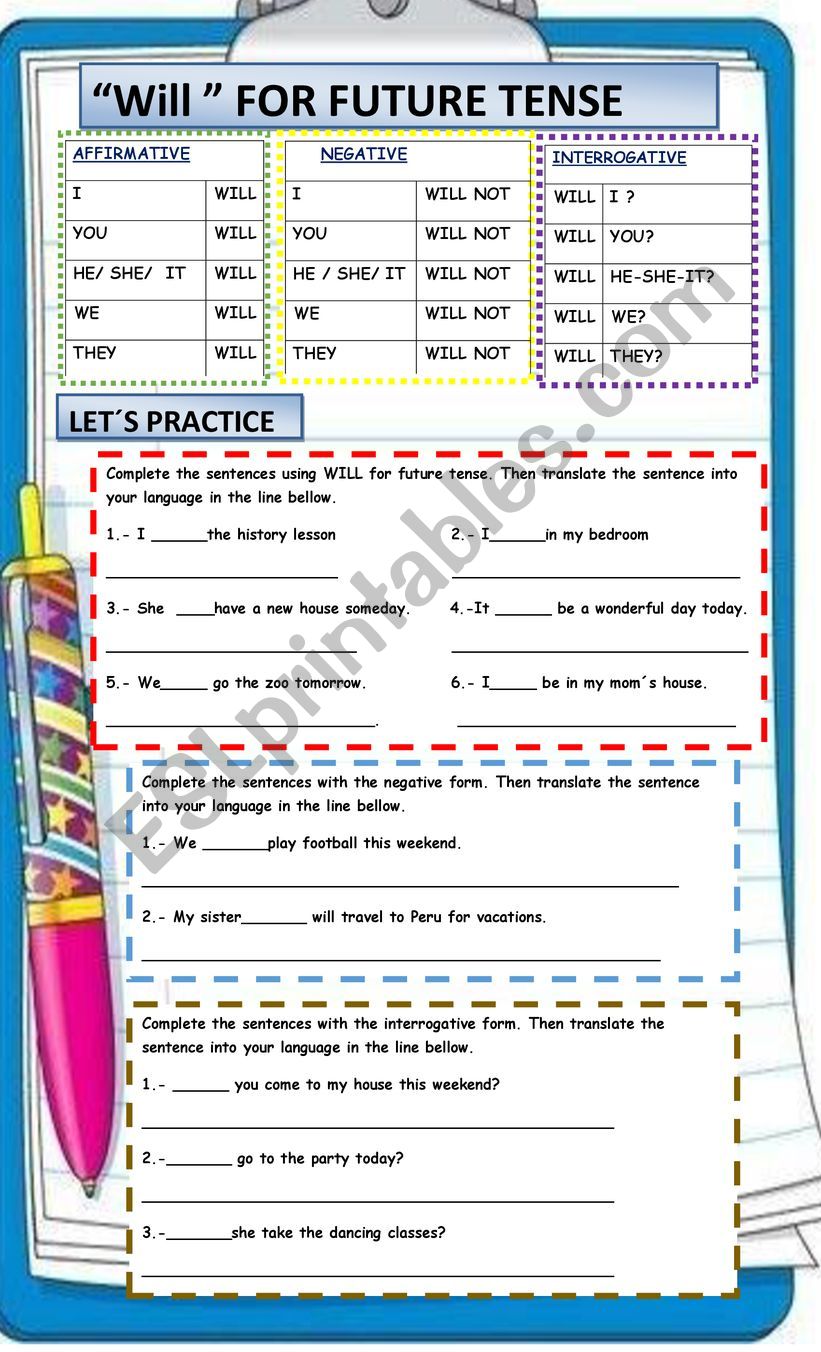 Will for future tense worksheet