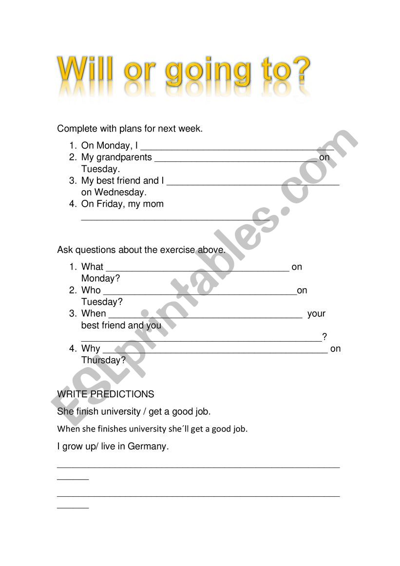 Plans and predictions worksheet