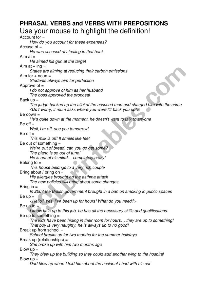 Phrasal verbs study help worksheet