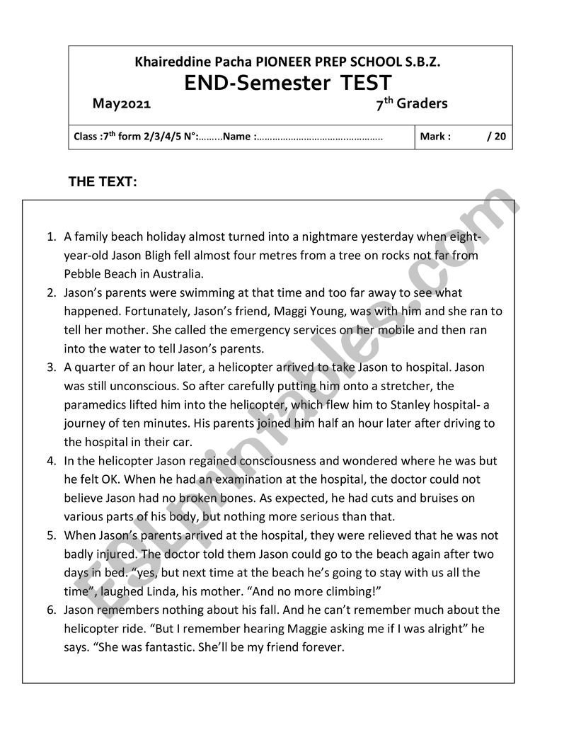 end of term 3 test 7th form  worksheet
