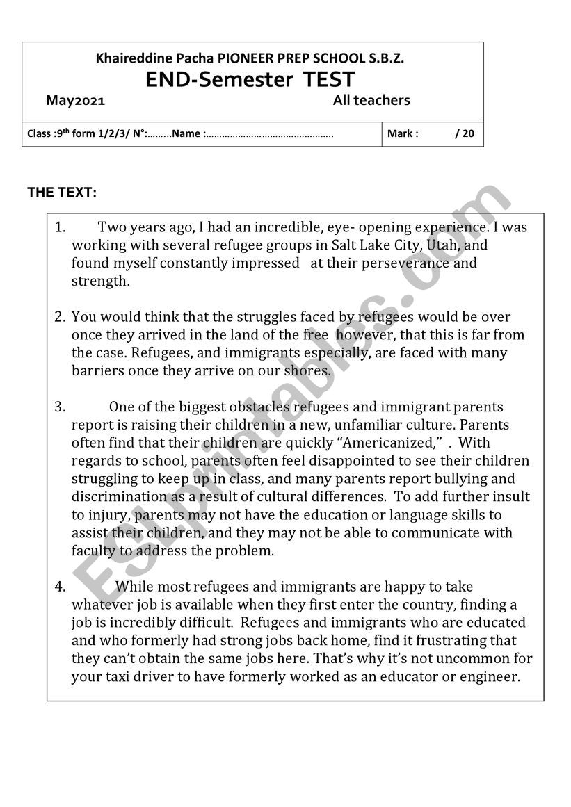 end of term 3 test 9th form worksheet