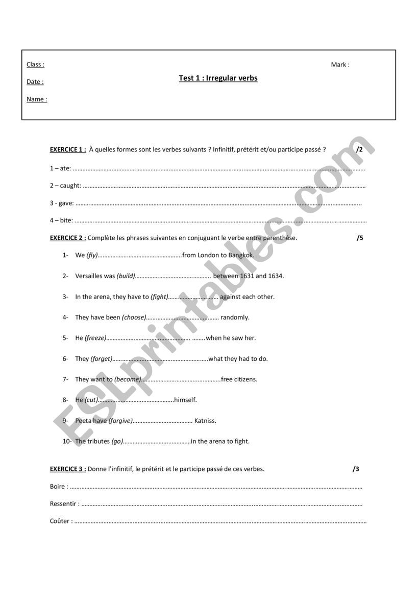 Irregular verbs test worksheet