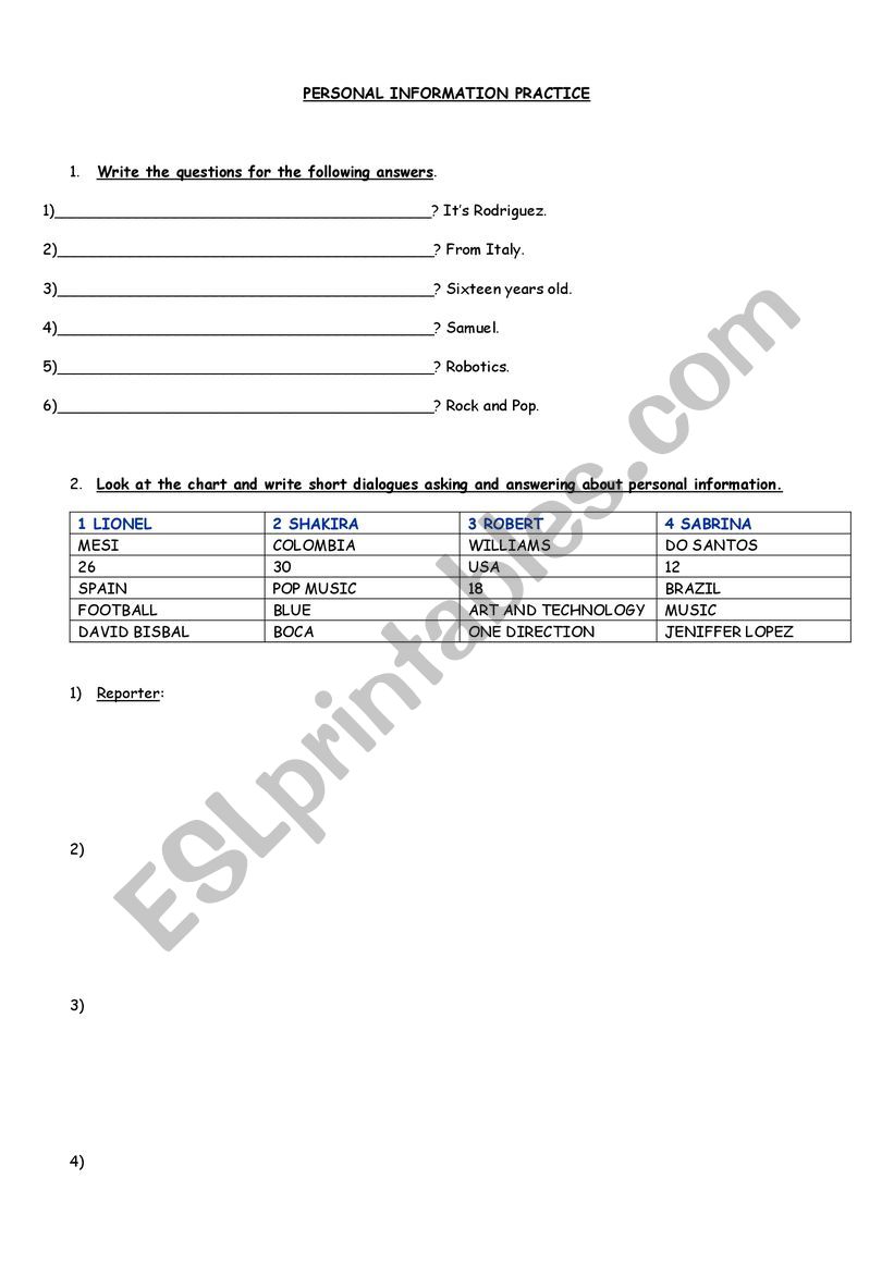 Personal information practice worksheet