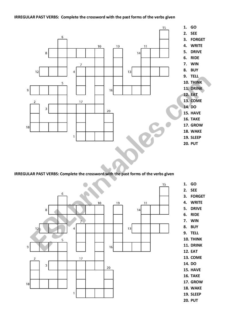 Past irregular verbs crossword