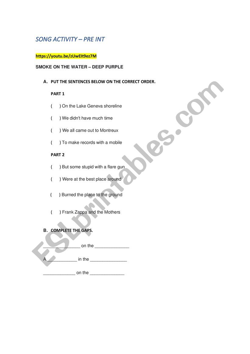 SMOKE ON THE WATER worksheet