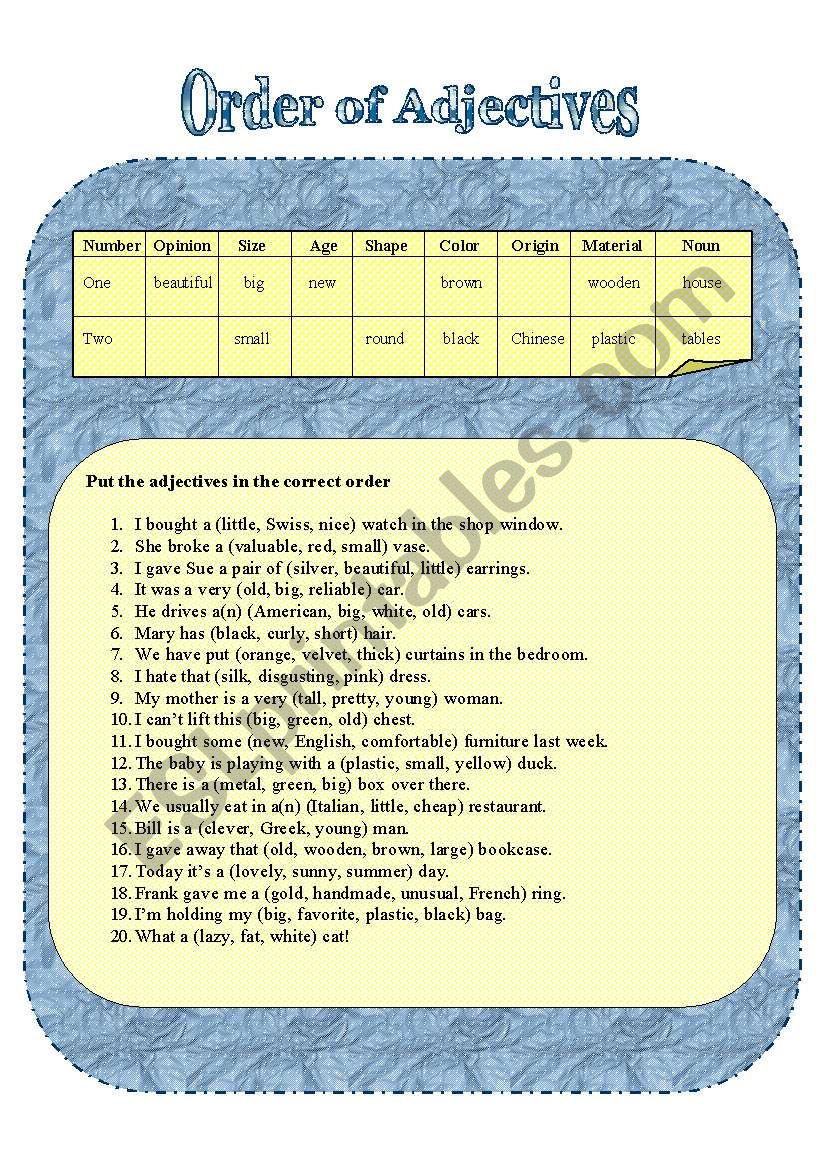 Order of Adjectives worksheet