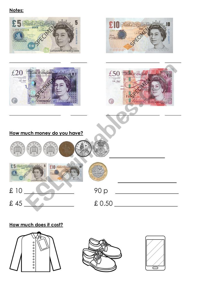 British money - notes worksheet
