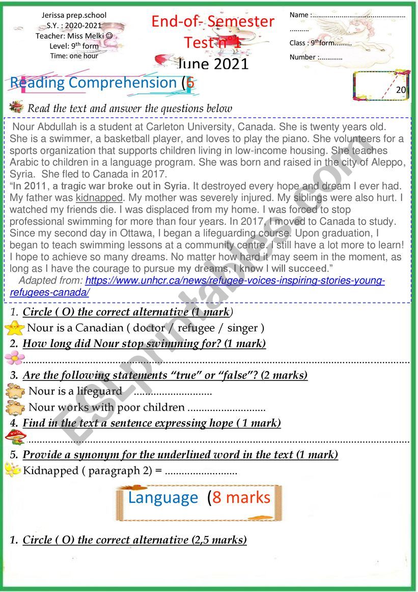 9th form test worksheet