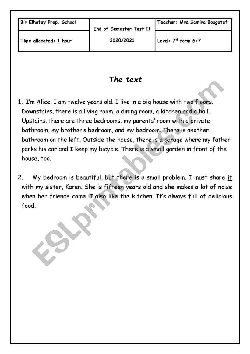 END OF SEMESTER TEST 7TH FORM 