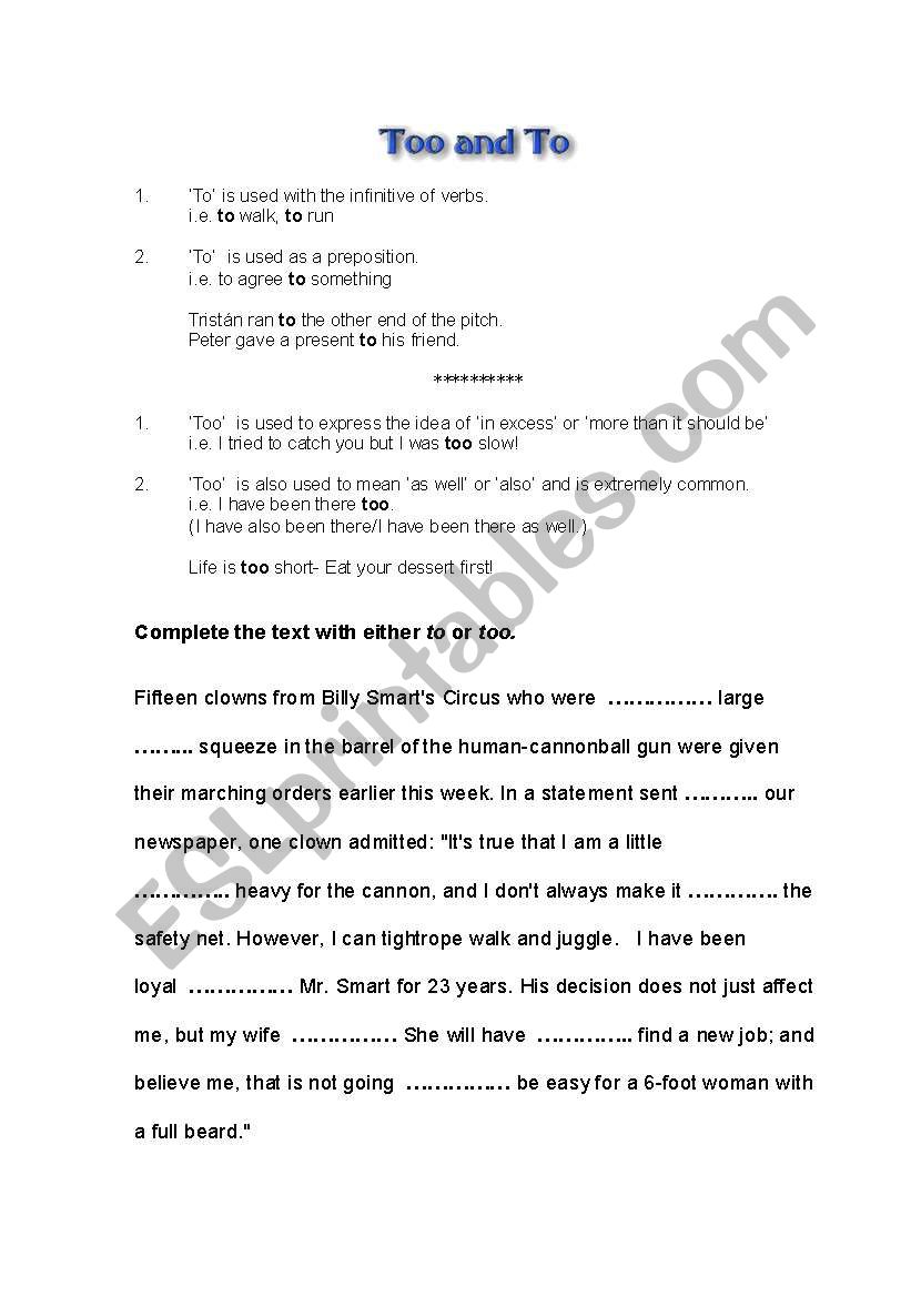 to too worksheet