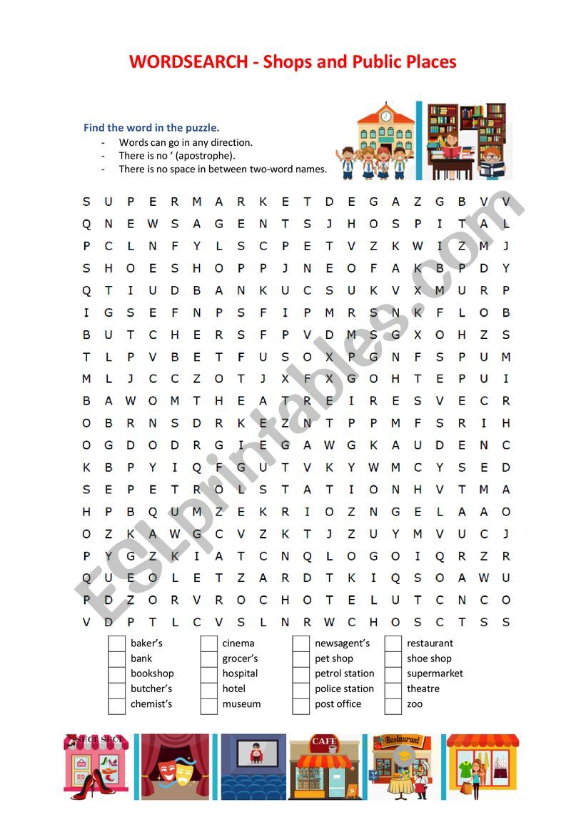 Shops and Public Places - Wordsearch