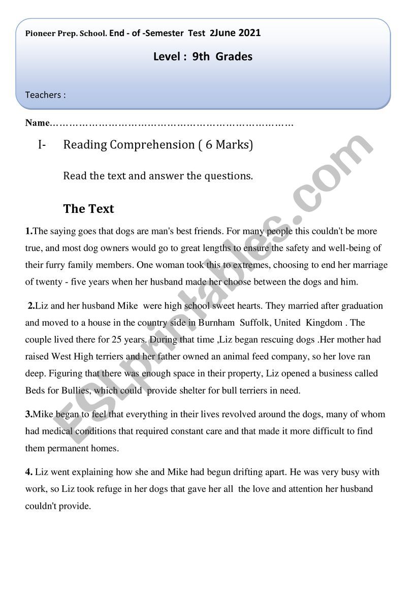 End of Term test 9th form worksheet