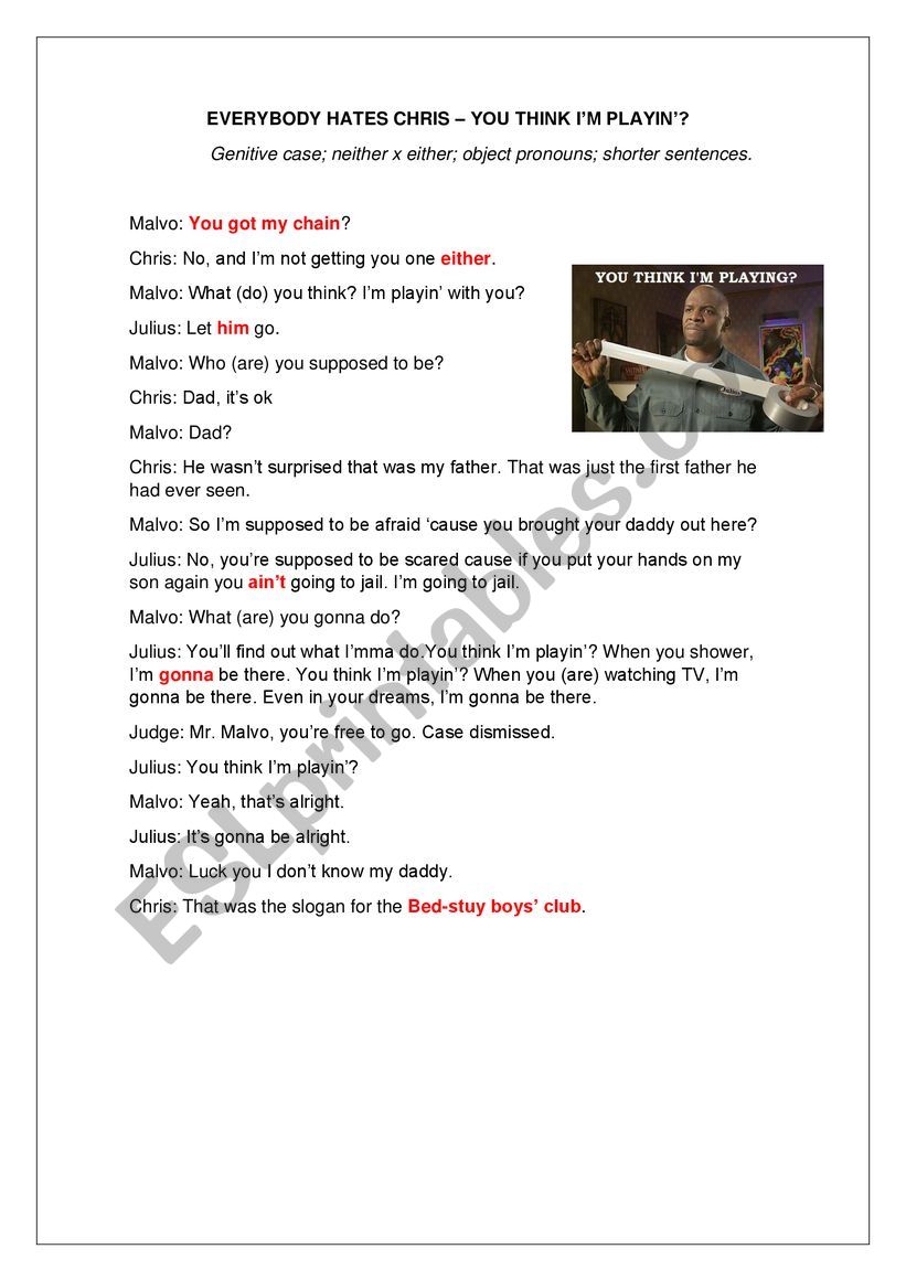 Everybody hates Chris worksheet