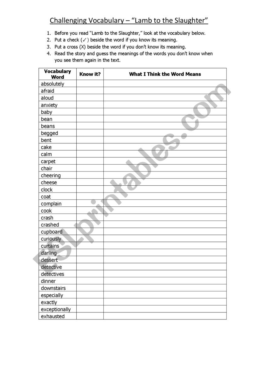 Lamb to the Slaughter Vocabulary Page