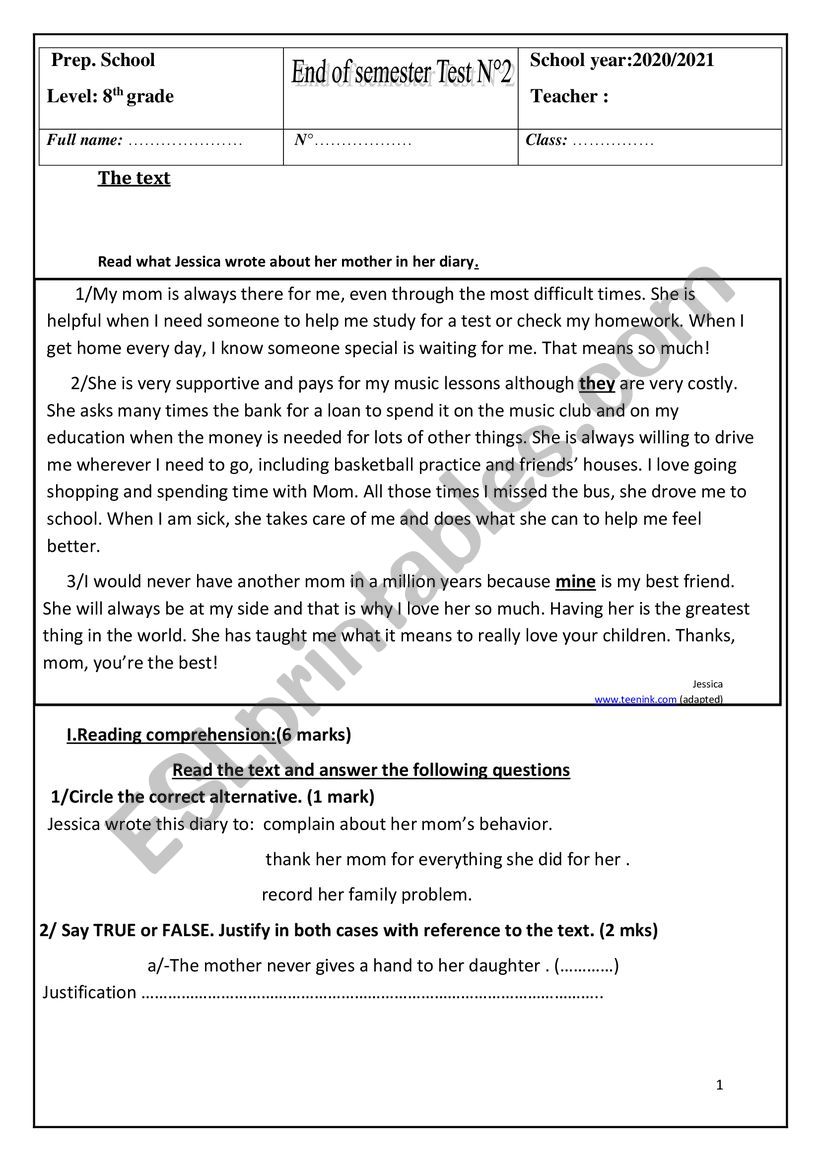 End of semester test n2 8th form