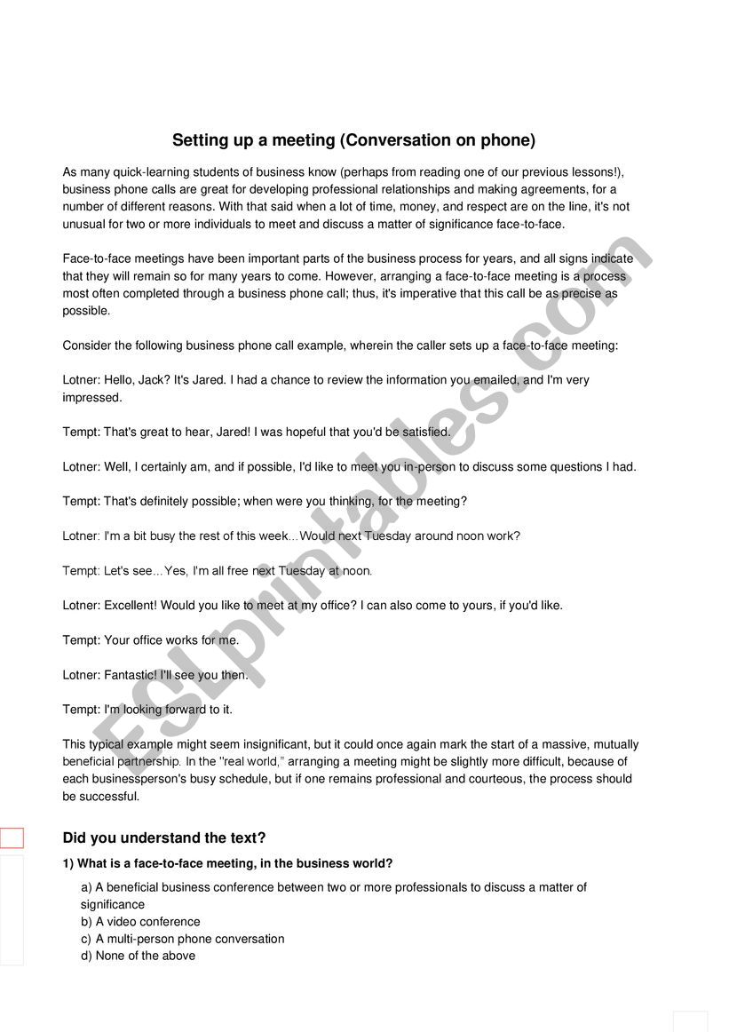 phone conversation worksheet