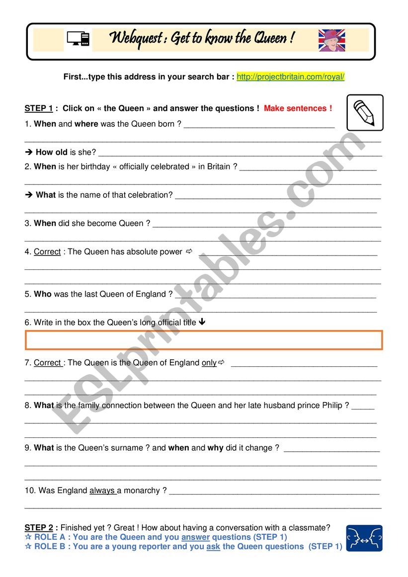 WEBQUEST: THE QUEEN  worksheet