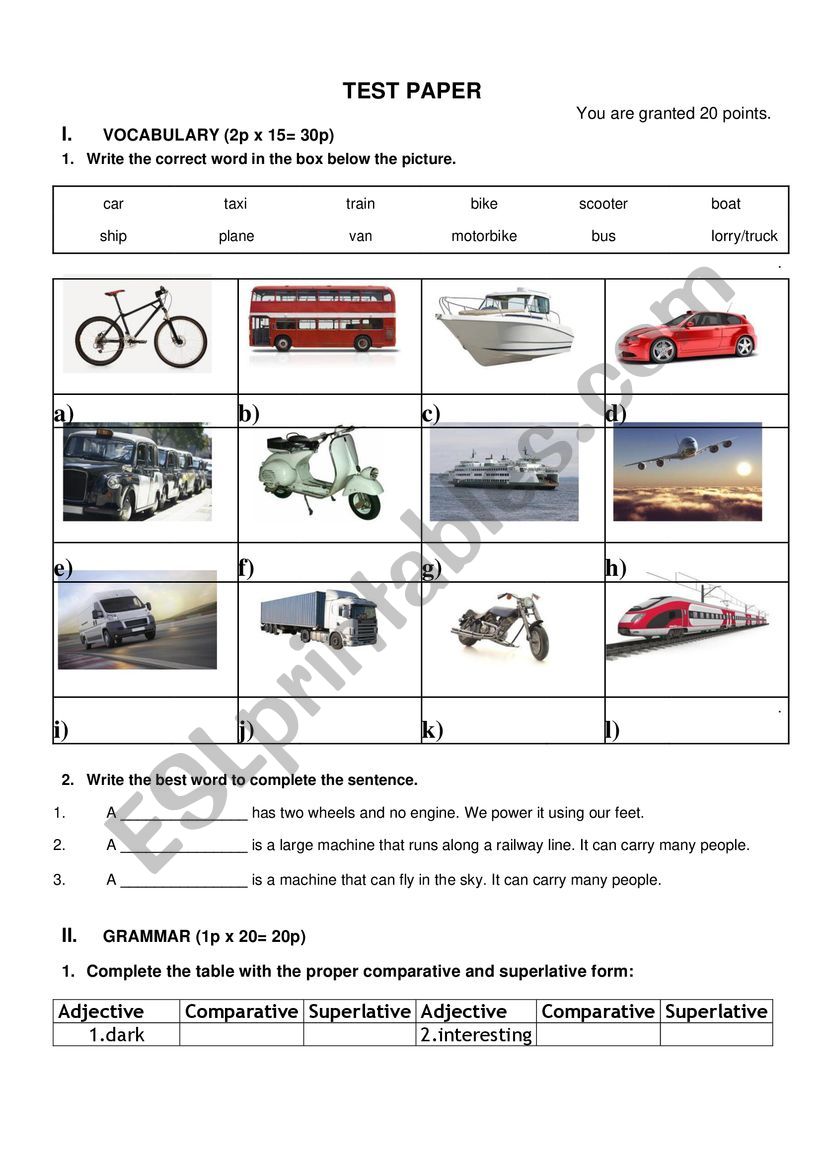 Comparatives and Transport Test Paper