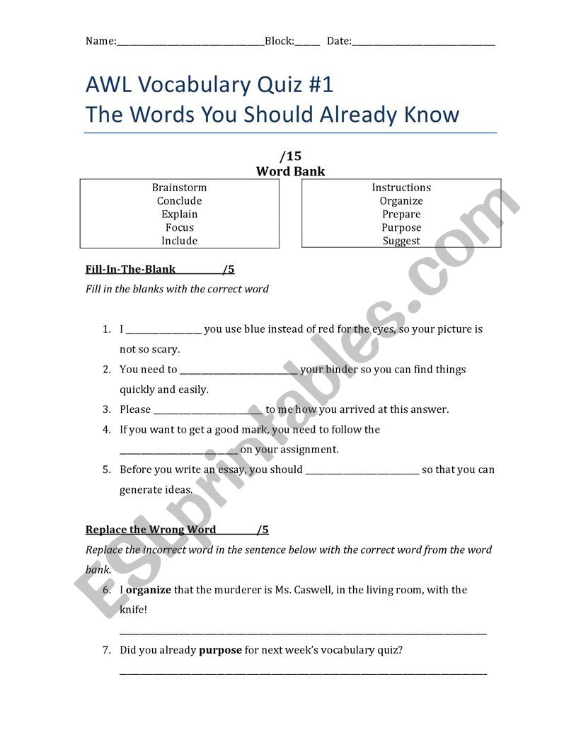 AWL (Academic Word List) Quiz #1