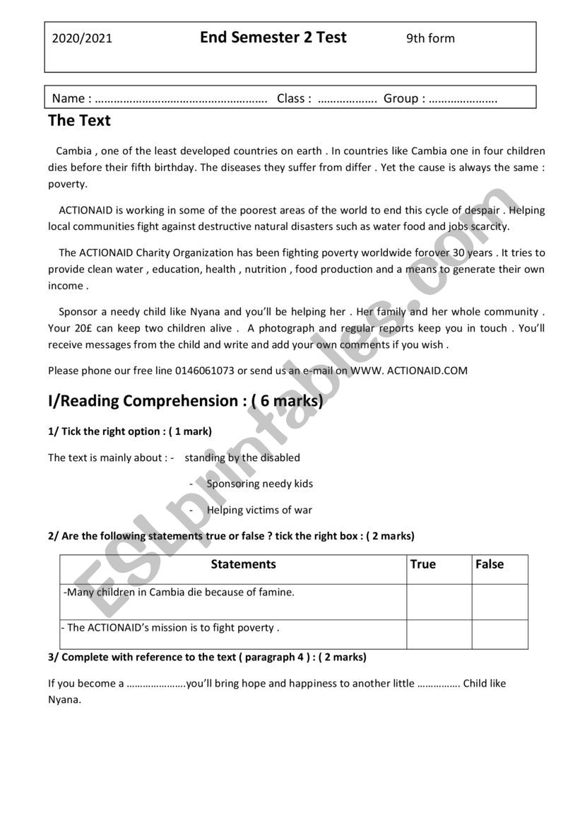 End Semester 2 Test 9th form for Tunisian pupils