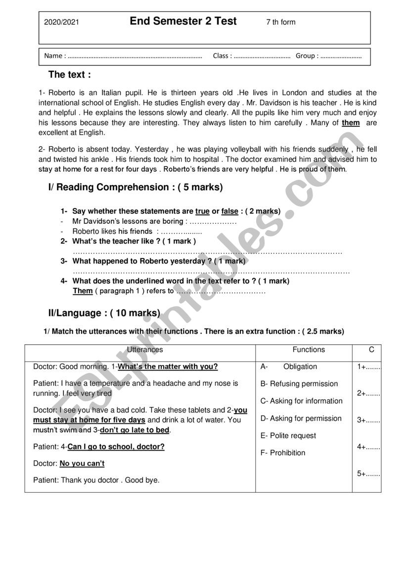 End Semester 2 Test 7 th form for Tunisian pupils